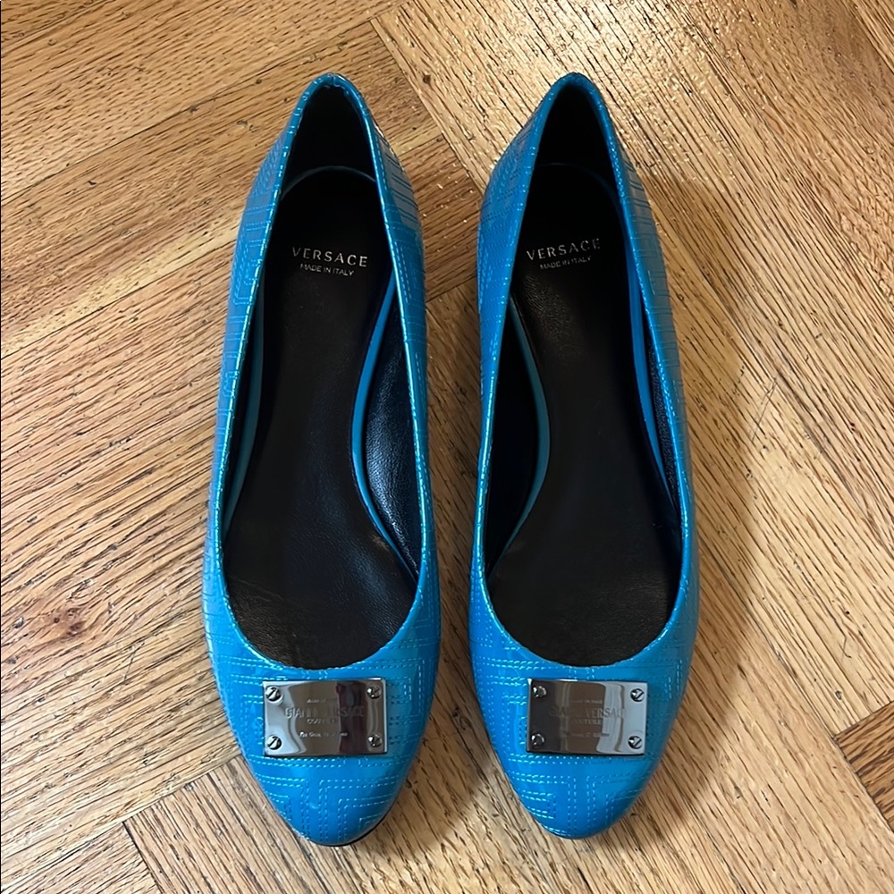 Versace Blue Flats with Decorative Buckle